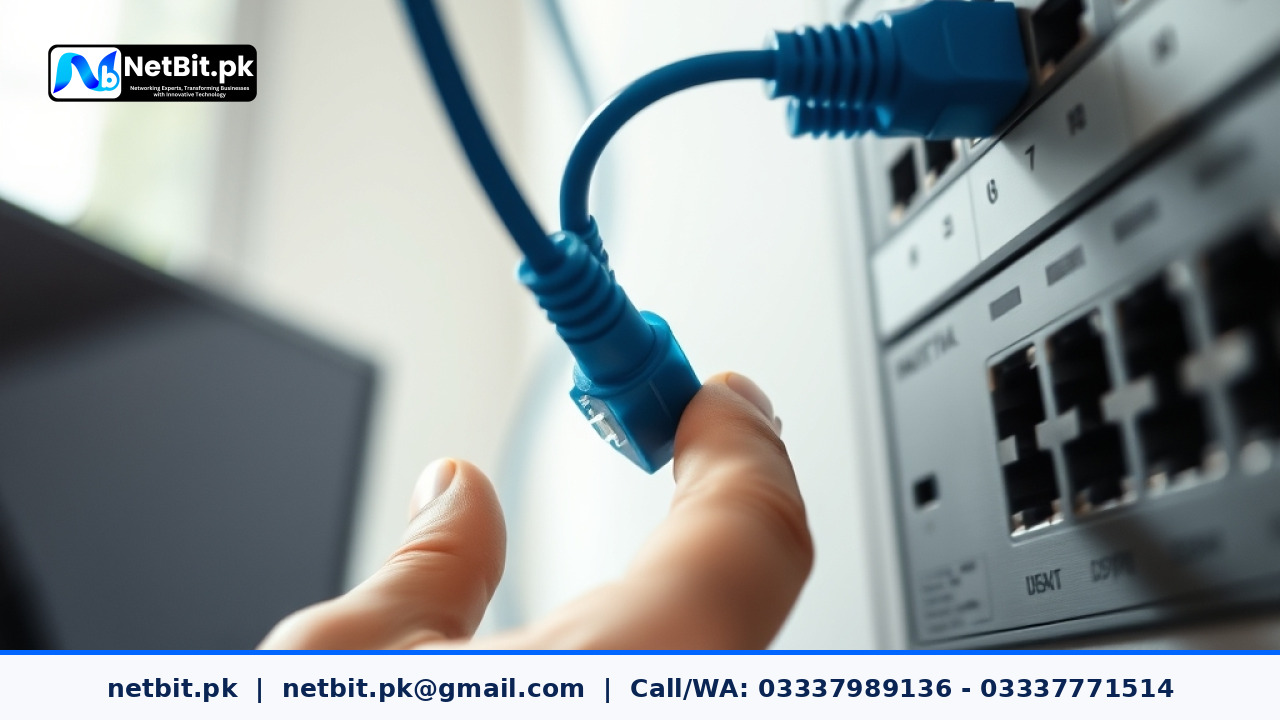 Close-up of network switch and Cat6 cables during an office network speed diagnostic | NetBit Software House and Technology | netbit.pk