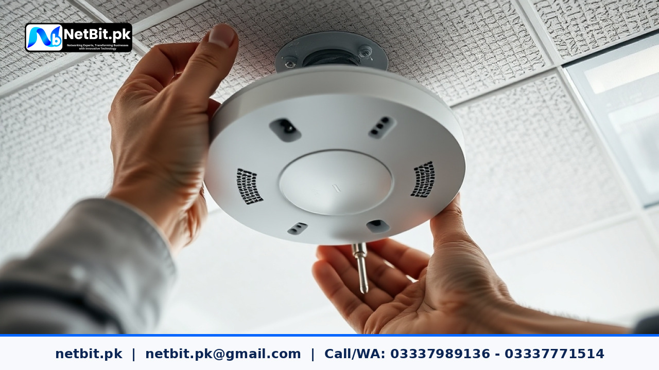 A technician mounting a professional wireless access point on an office ceiling | NetBit Software House and Technology | netbit.pk