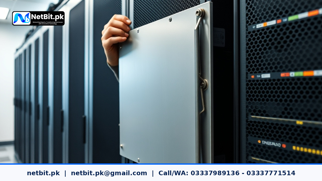 A technician mounting a blanking panel into a server rack in an office | NetBit Software House and Technology | netbit.pk