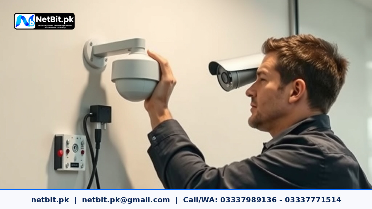 A professional technician mounting and adjusting a security CCTV camera on an office wall