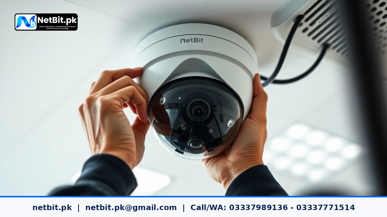 A technician mounting a security camera on an office ceiling | NetBit Software House and Technology | netbit.pk