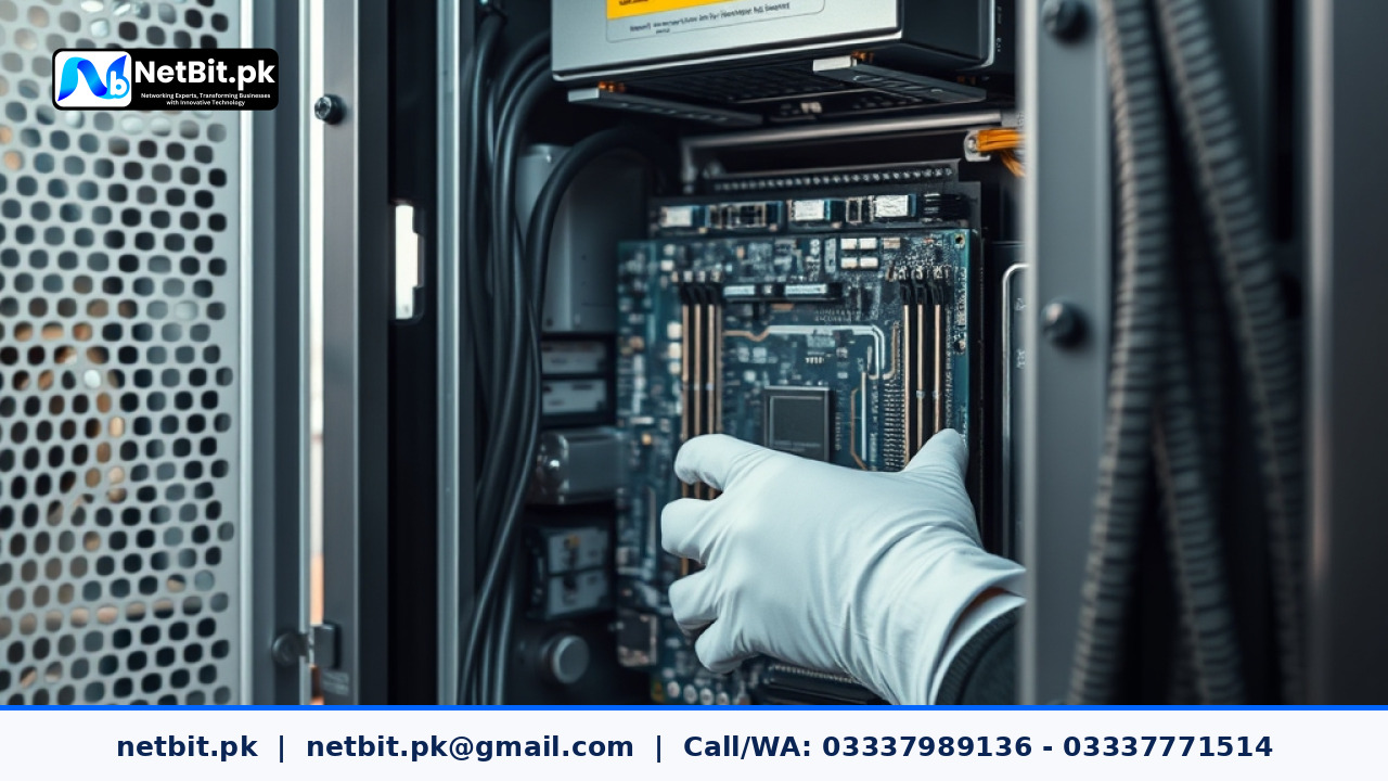 Technician hands installing hardware components inside a server chassis | NetBit Software House and Technology | netbit.pk