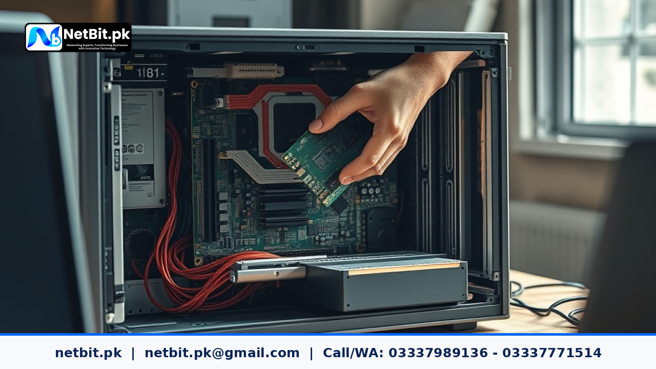 A technician carefully installing a PCIe expansion card into a server motherboard | NetBit Software House and Technology | netbit.pk