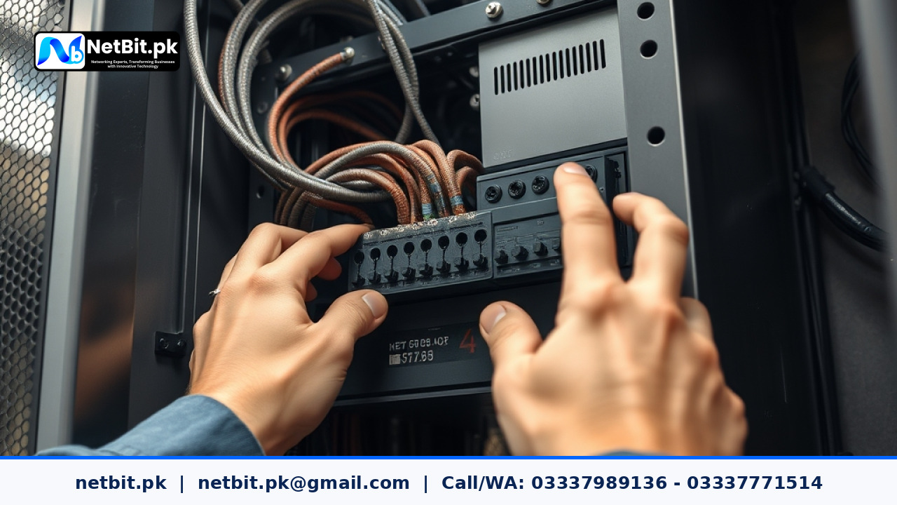 A technician mounting a power distribution unit inside a server rack with natural office lighting | NetBit Software House and Technology | netbit.pk