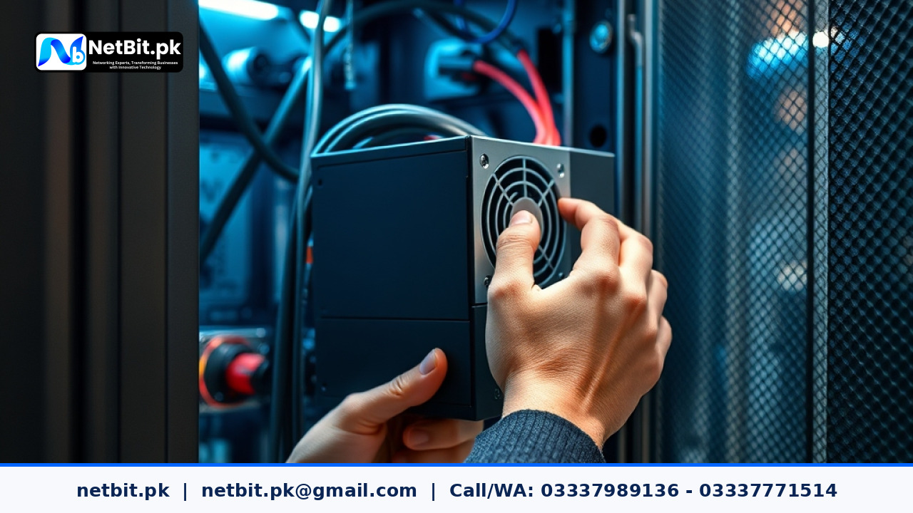 Close-up of a technician's hands installing a power supply unit into a server rack | NetBit Software House and Technology | netbit.pk