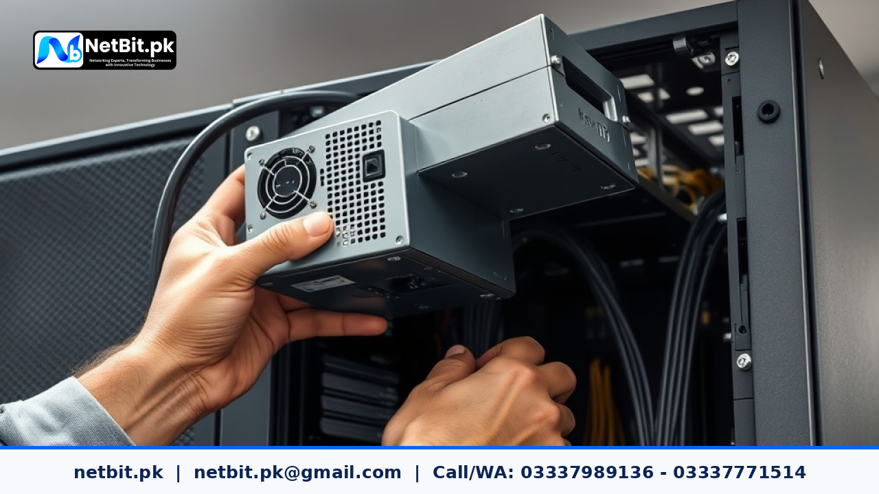 Close-up of a technician hands securing a power supply unit into a rack server chassis | NetBit Software House and Technology | netbit.pk
