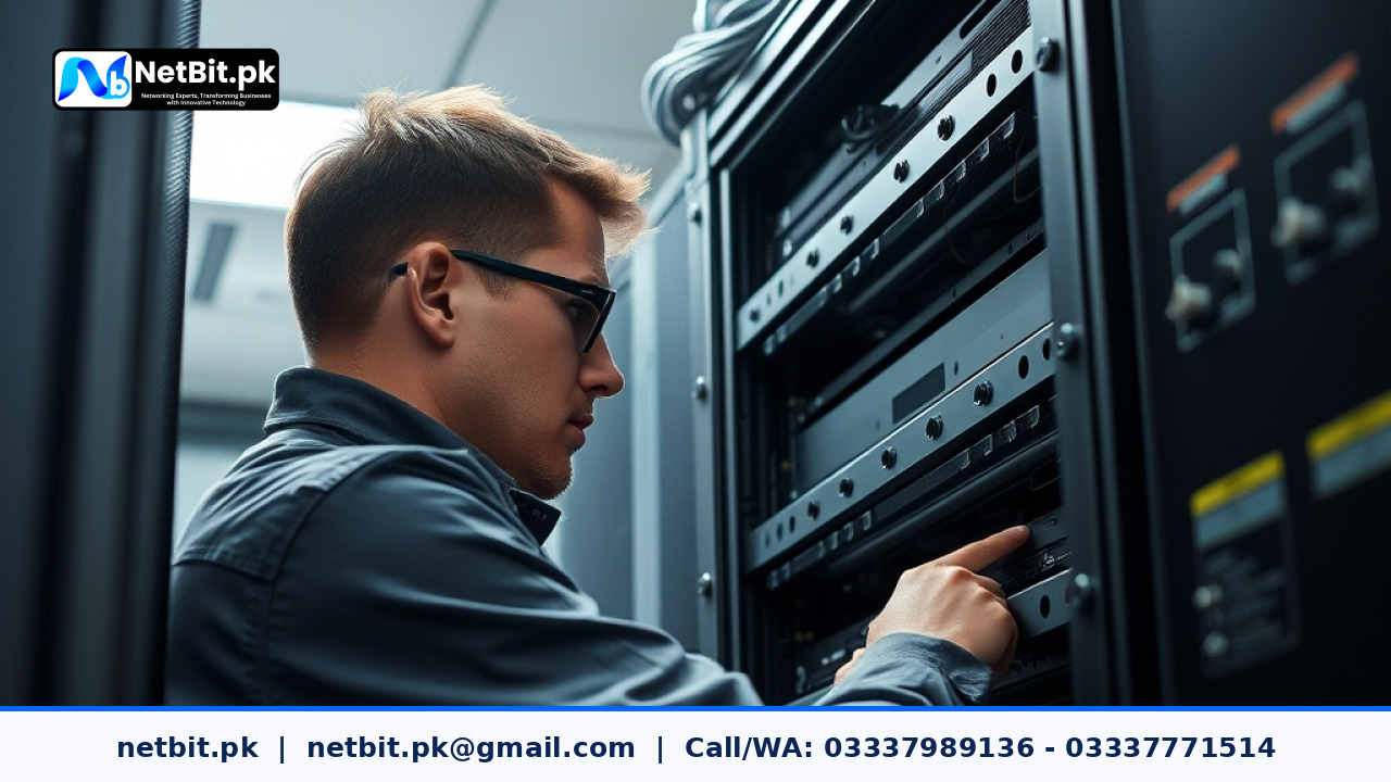 Technician mounting server rails in a business rack | NetBit Software House and Technology | netbit.pk