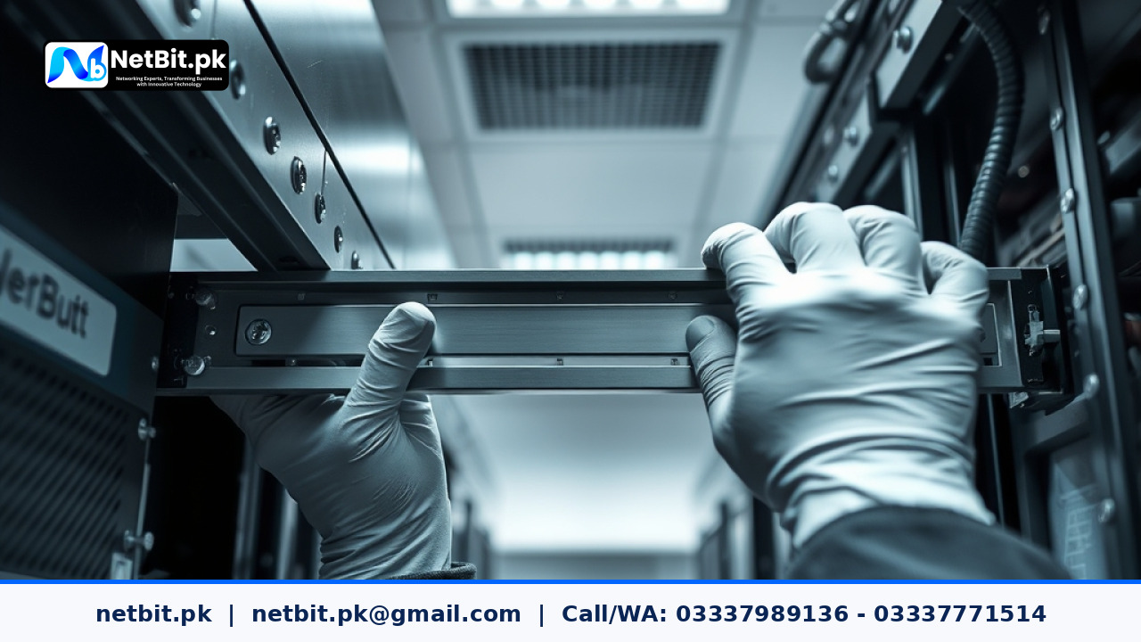 Close-up of a technician mounting server rails inside a professional equipment rack | NetBit Software House and Technology | netbit.pk
