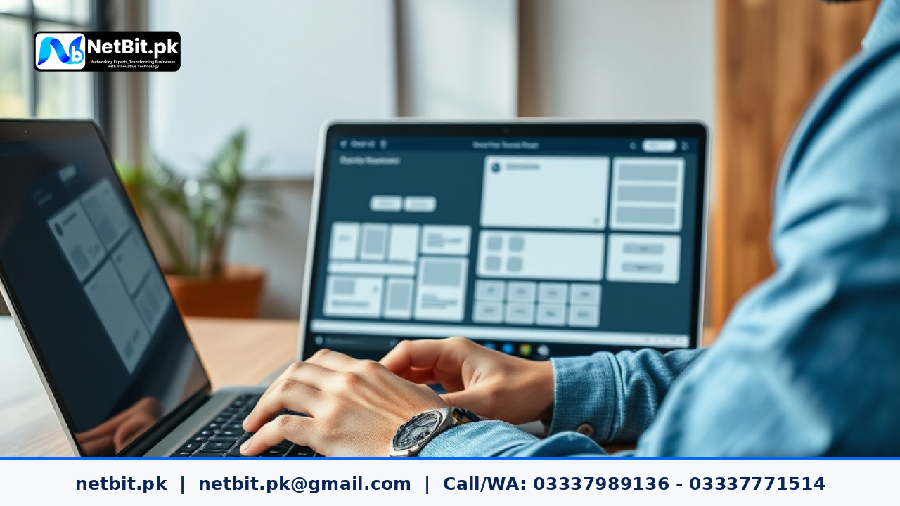 Designer working on web UI UX wireframes and button touch targets on a modern laptop