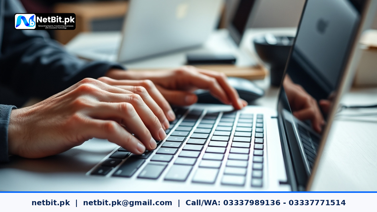 Close-up of a web developer organizing heading tags in code on a modern laptop screen | NetBit Software House and Technology | netbit.pk