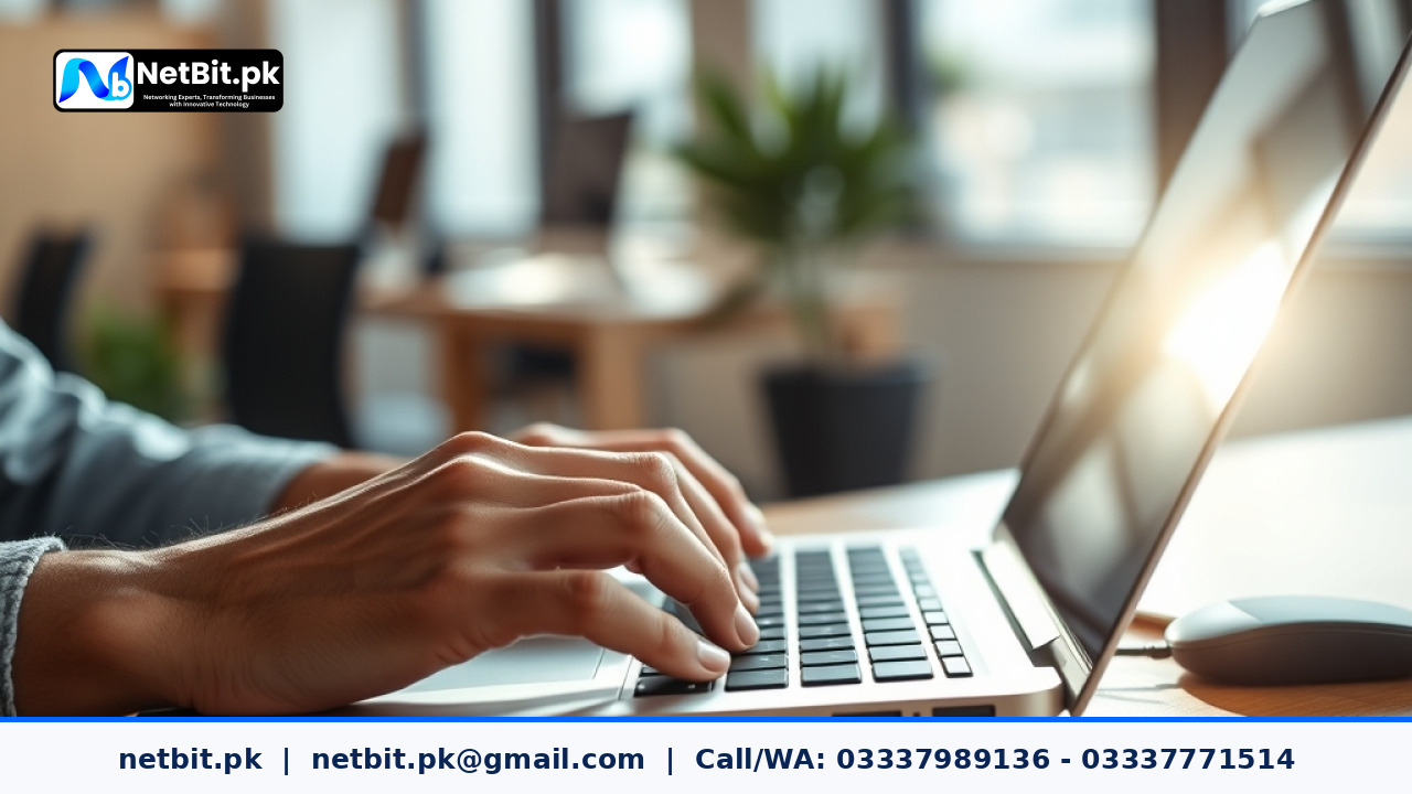 Close-up of hands typing on a laptop keyboard in a bright office | NetBit Software House and Technology | netbit.pk