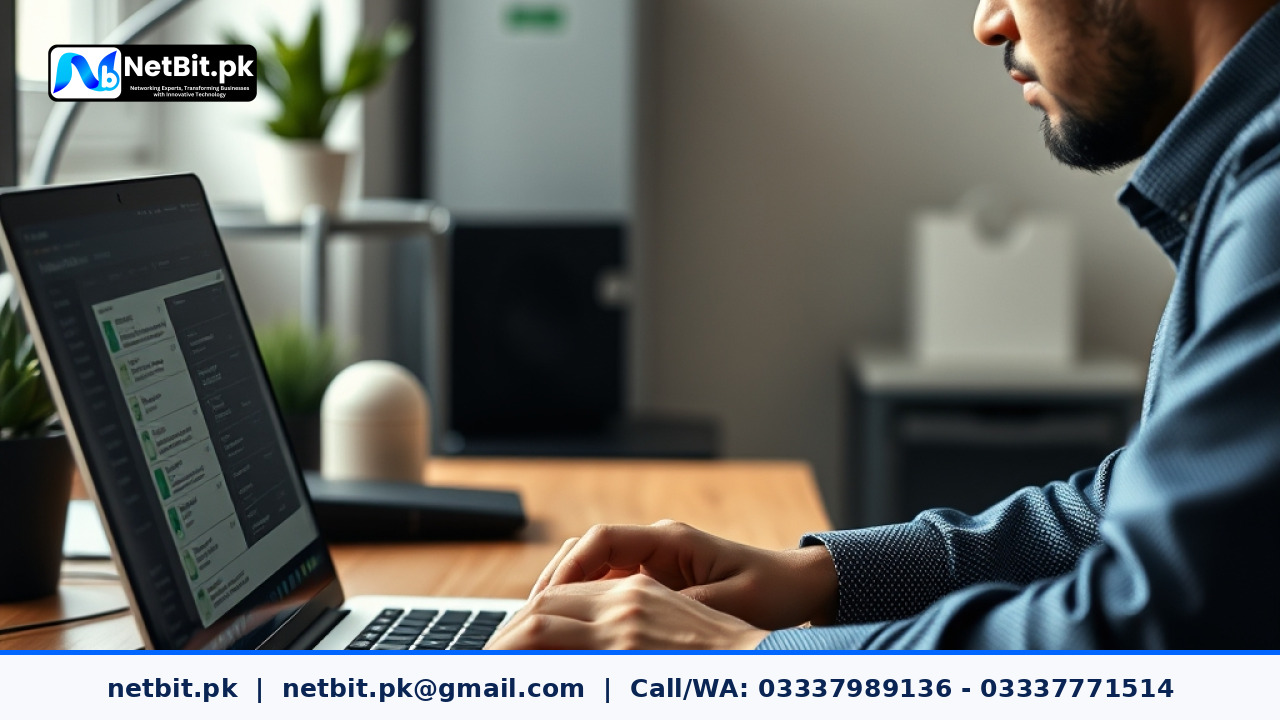 Close-up of a web developer optimizing website images on a modern laptop in a well-lit office | NetBit Software House and Technology | netbit.pk