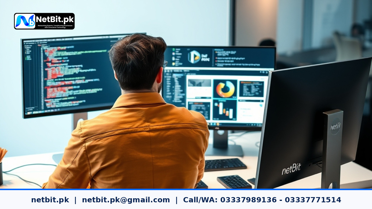 A web developer optimizing digital image assets on a dual-monitor workstation in a modern office.