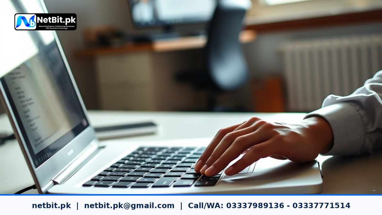 Professional working on laptop optimizing website content and keywords | NetBit Software House and Technology | netbit.pk