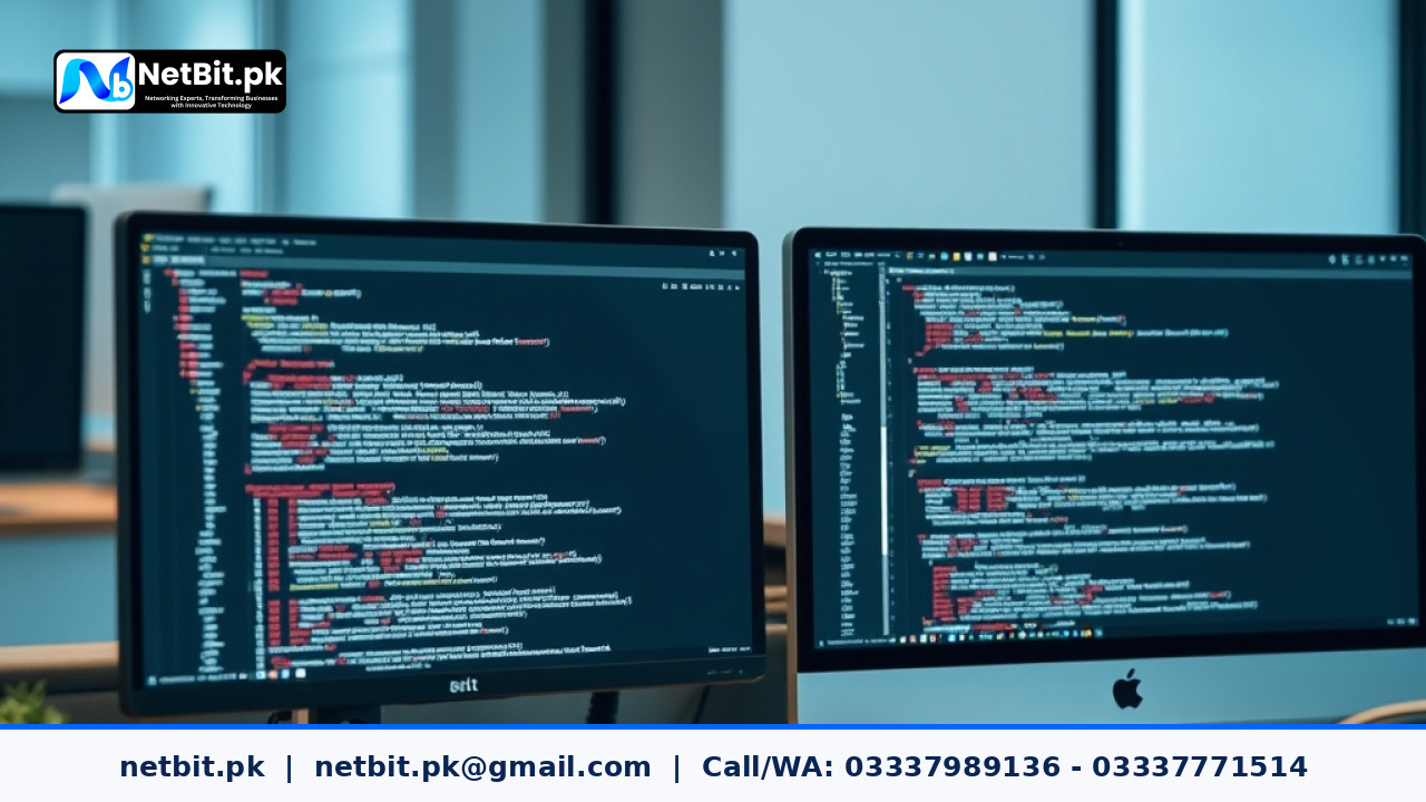 Developer working on web development code and font optimization on dual monitors