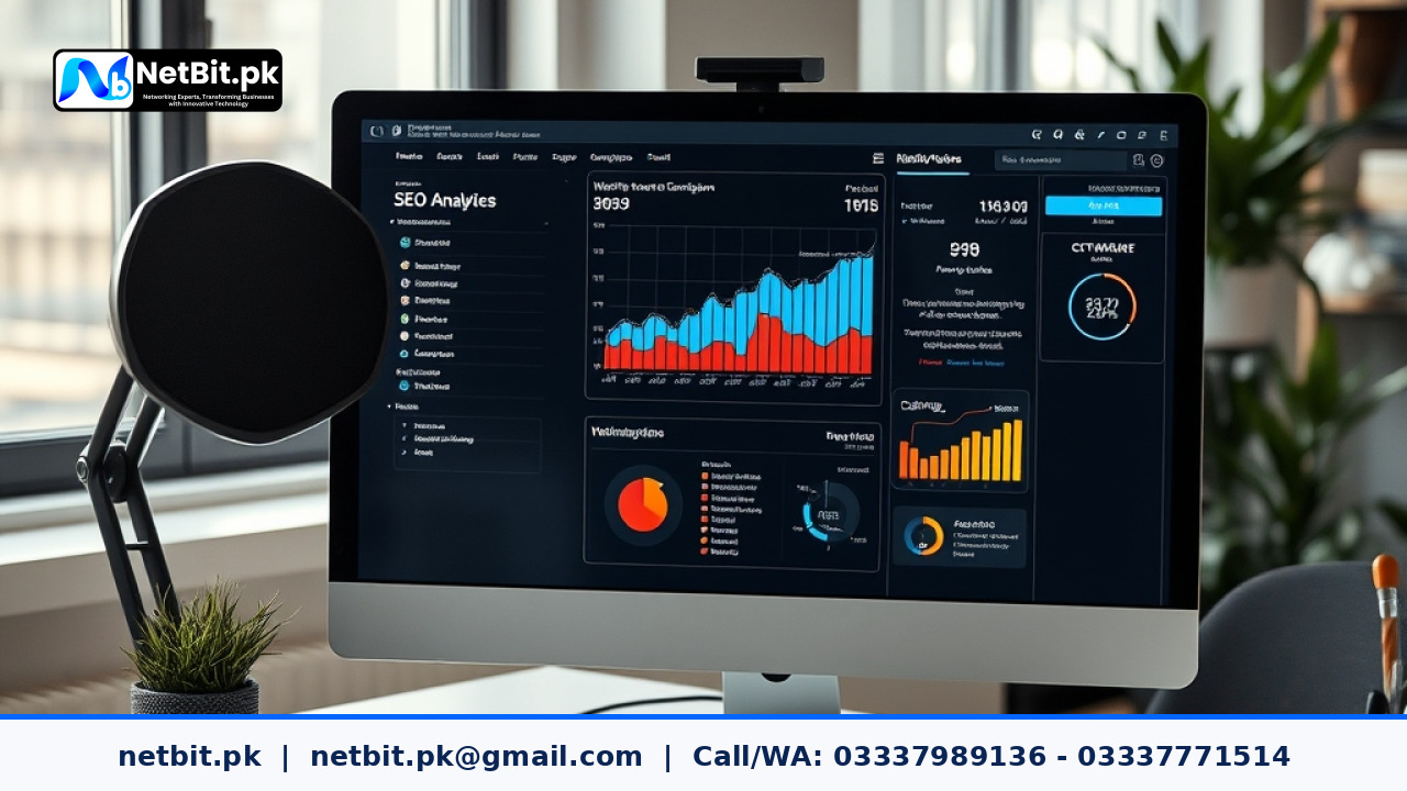 Professional digital marketer analyzing search engine optimization metrics and meta descriptions on a modern computer display