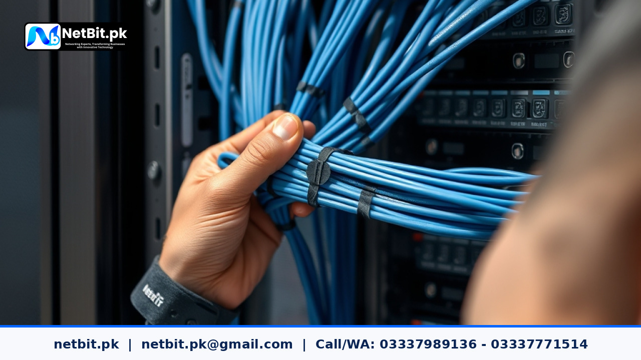 Close-up of a technician hands organizing structured Cat6 cables inside a clean office server rack | NetBit Software House and Technology | netbit.pk