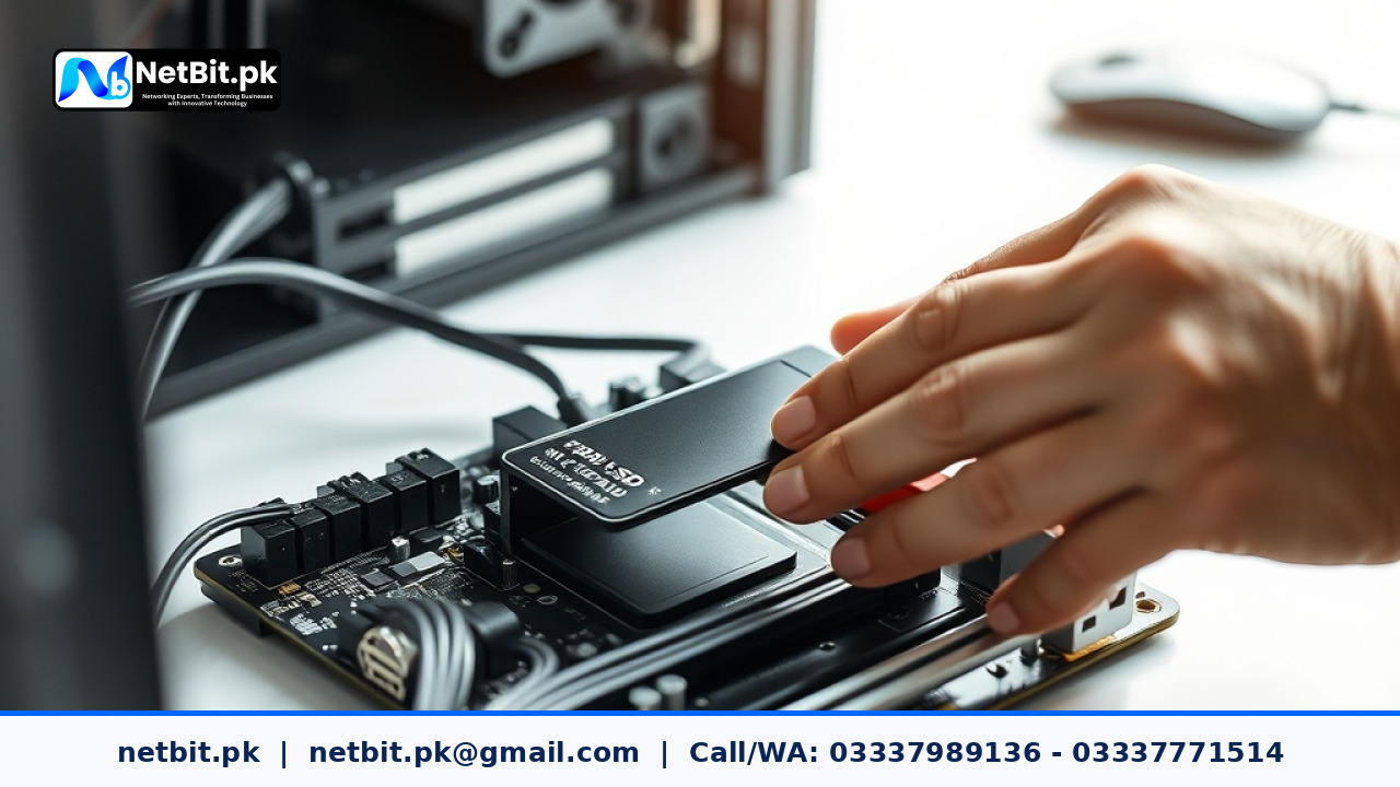 IT technician installing an M.2 SSD module into a desktop computer motherboard | NetBit Software House and Technology | netbit.pk