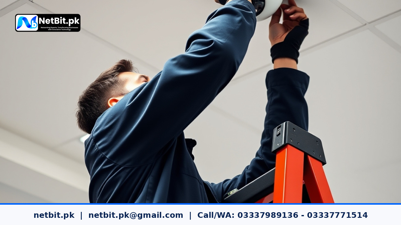 A technician mounting a white dome CCTV camera on an office ceiling using a step ladder | NetBit Software House and Technology | netbit.pk
