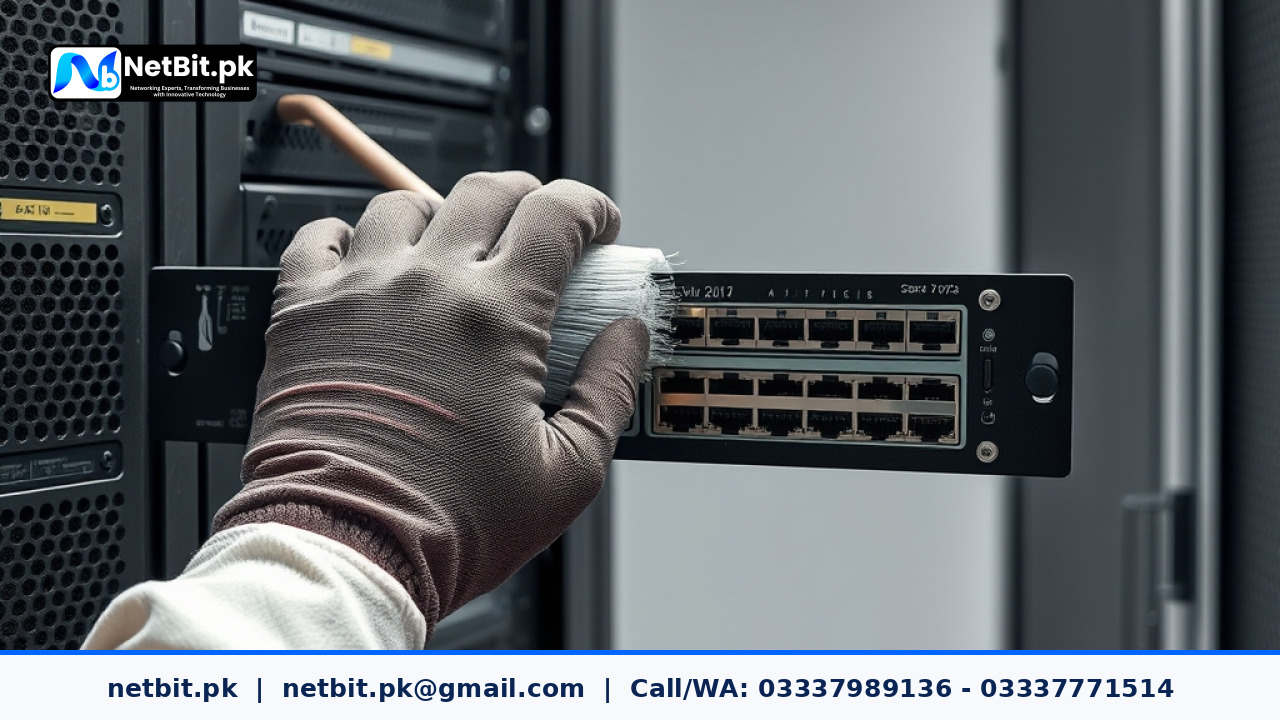 An IT technician wearing electrostatic gloves cleaning an office network switch inside a rack using a soft antistatic brush. | NetBit Software House and Technology | netbit.pk