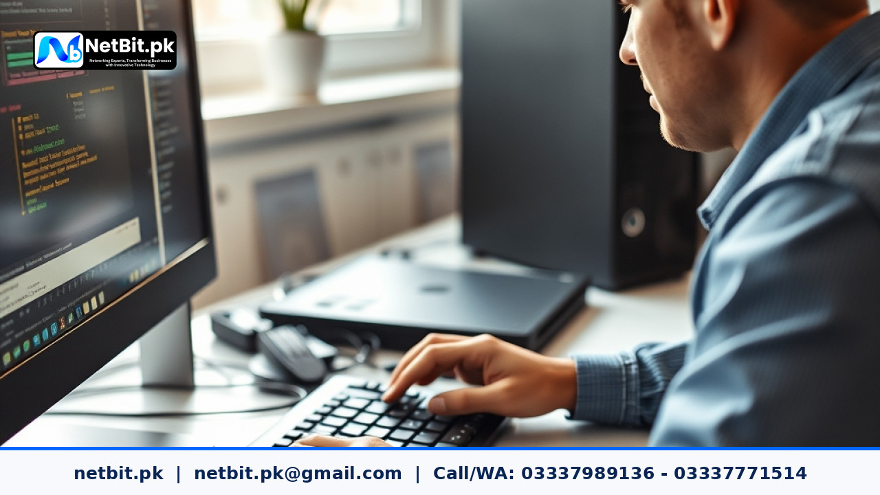IT technician performing routine workstation maintenance in a modern office | NetBit Software House and Technology | netbit.pk