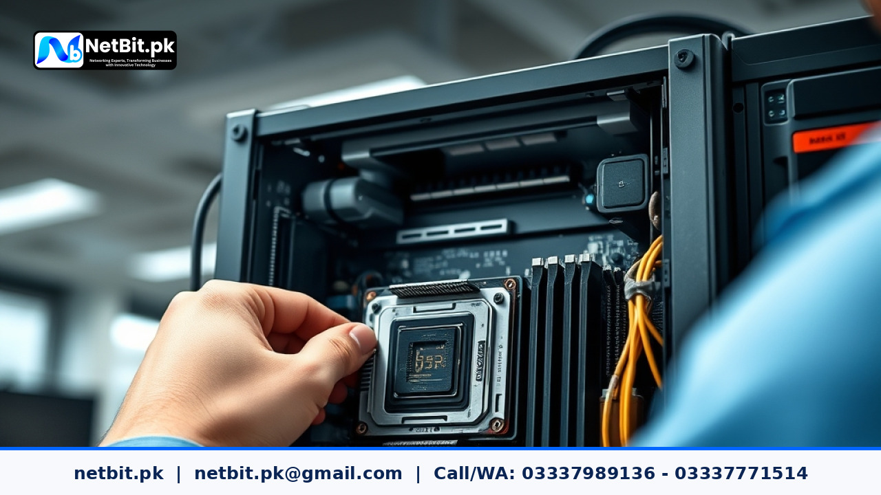 Technician hands cleaning and applying thermal paste on a server CPU | NetBit Software House and Technology | netbit.pk