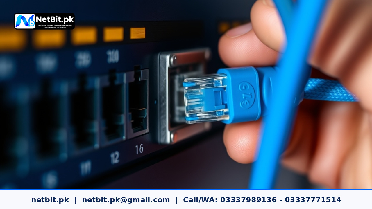 A professional technician testing network connectivity with a laptop and ethernet cable.