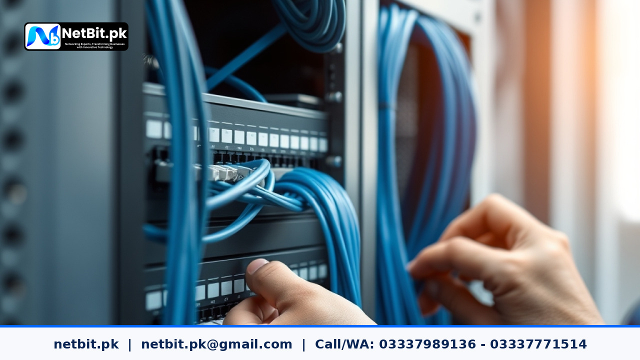 Close-up of a technician testing network connectivity and router performance in an office