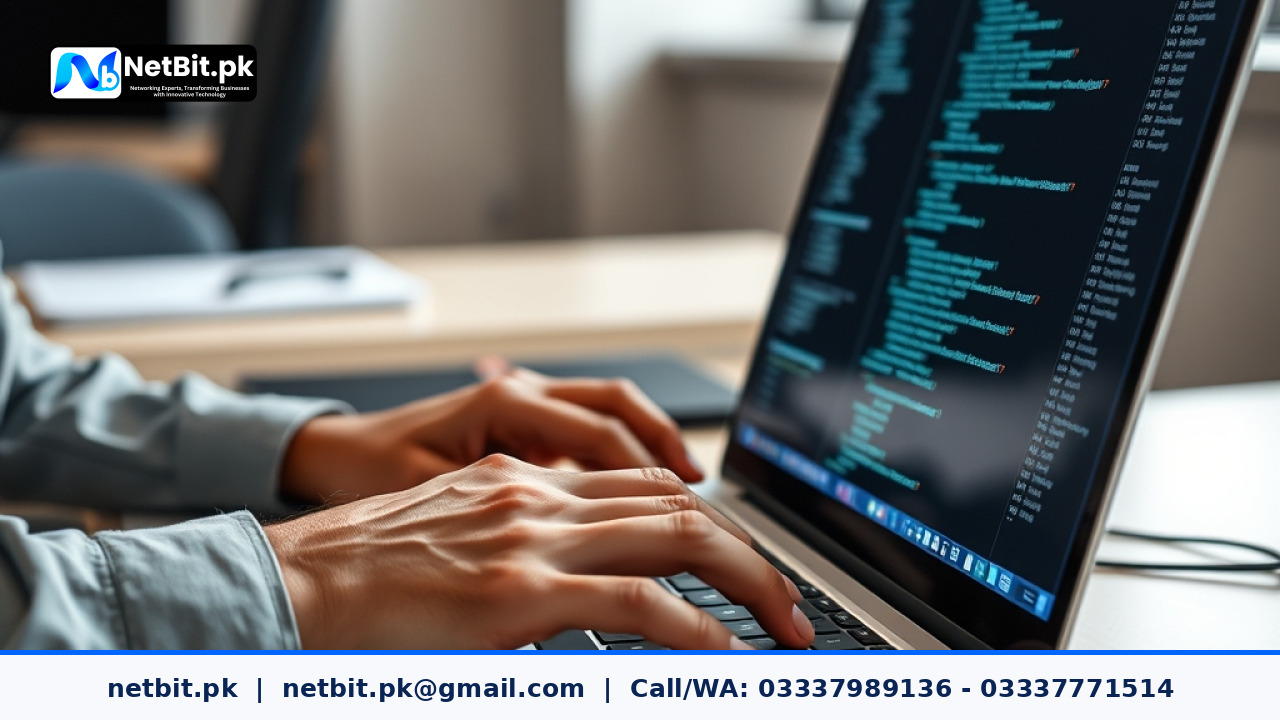 A software developer working on database migration code on a dual-monitor setup | NetBit Software House and Technology | netbit.pk