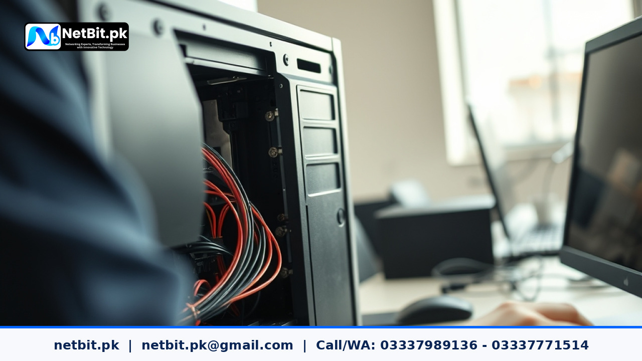 IT technician performing system maintenance on office computer systems | NetBit Software House and Technology | netbit.pk