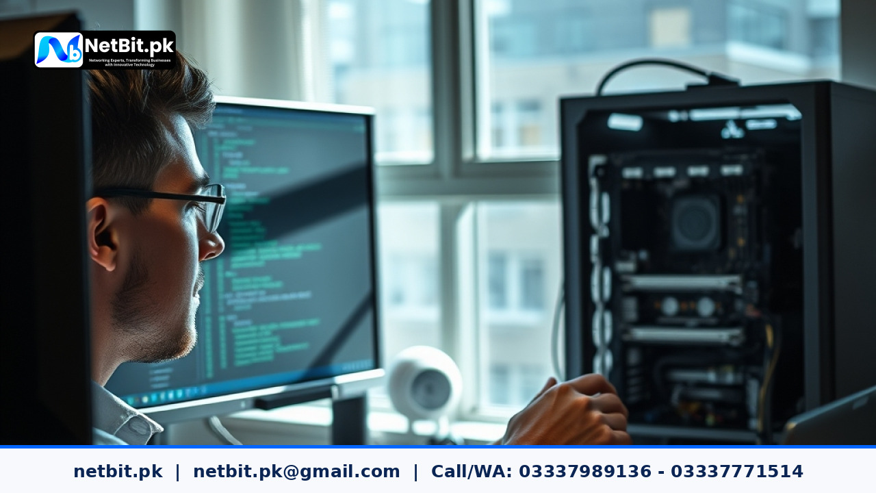 IT technician performing diagnostic checks and maintenance on office computer systems | NetBit Software House and Technology | netbit.pk