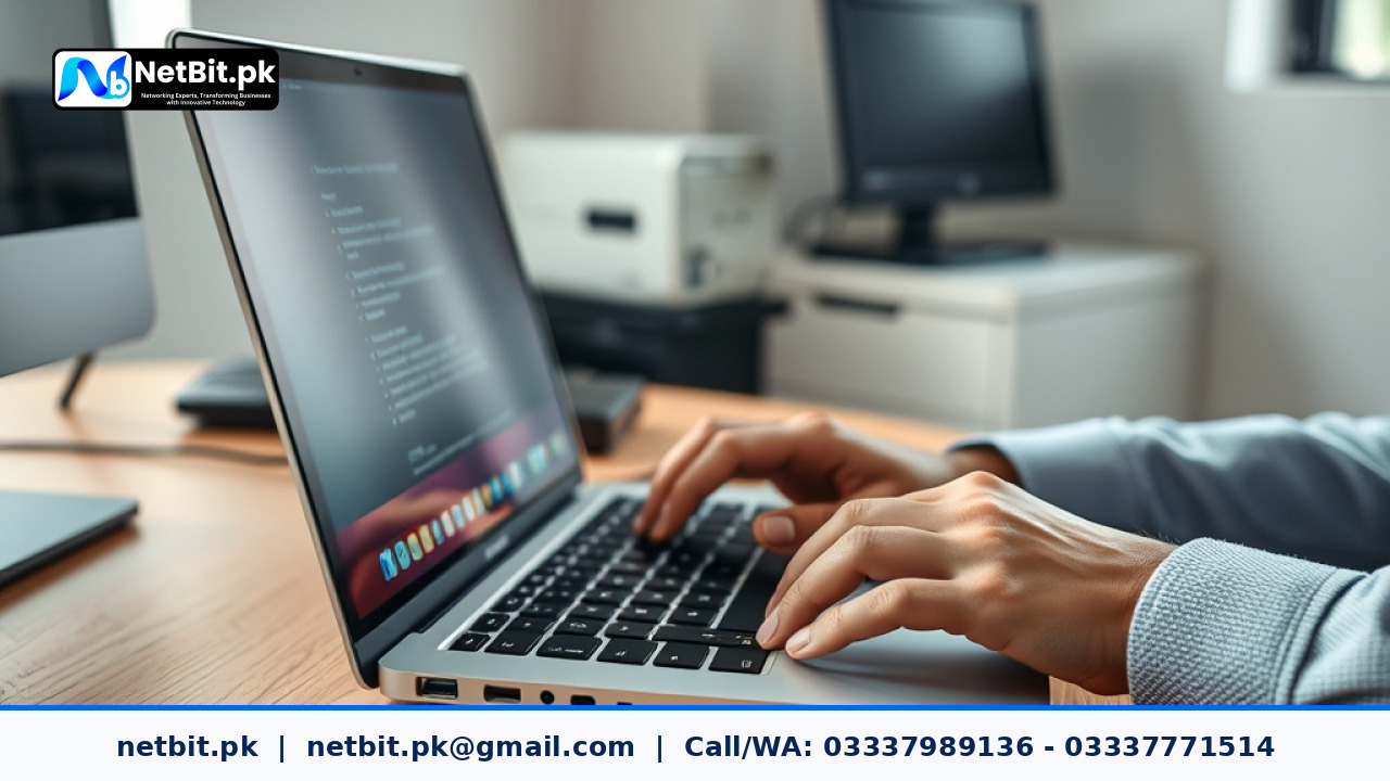 Clean workspace showing a professional technician performing system maintenance on a business workstation | NetBit Software House and Technology | netbit.pk
