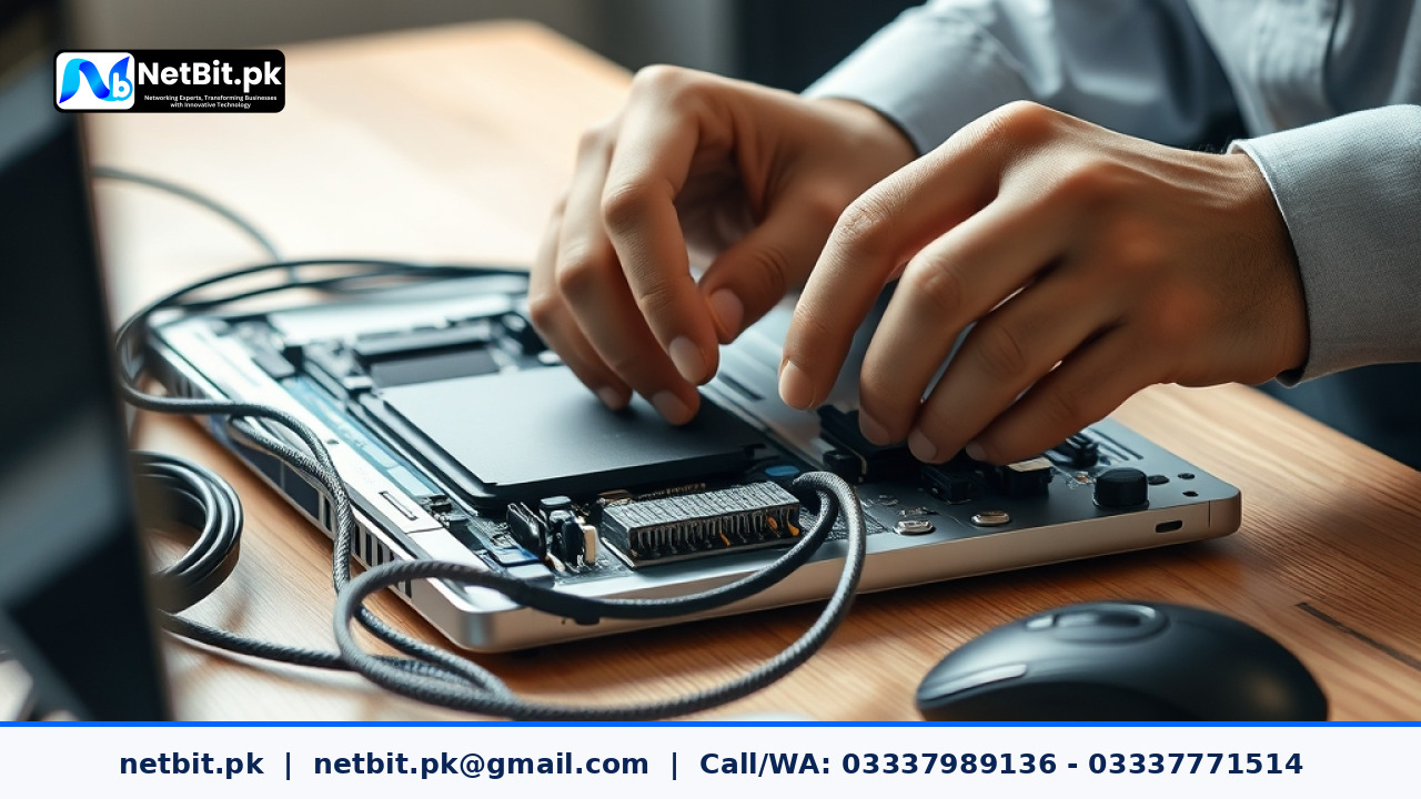 Close-up of a technician performing system maintenance on an office workstation | NetBit Software House and Technology | netbit.pk