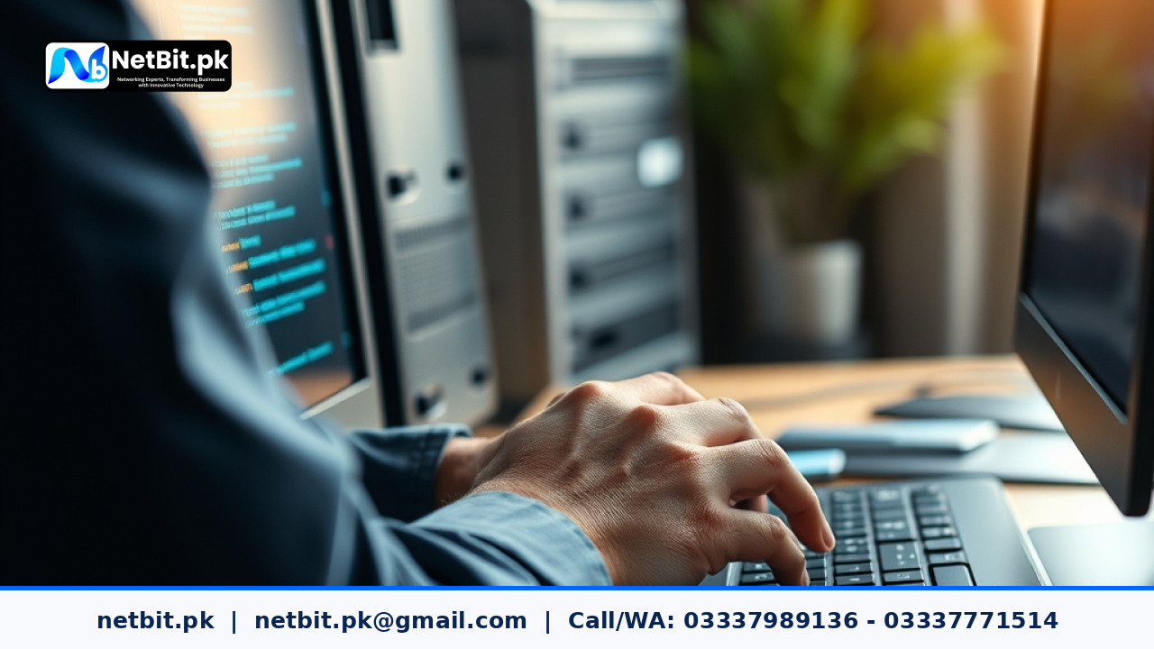 IT technician performing system maintenance on an office computer setup | NetBit Software House and Technology | netbit.pk