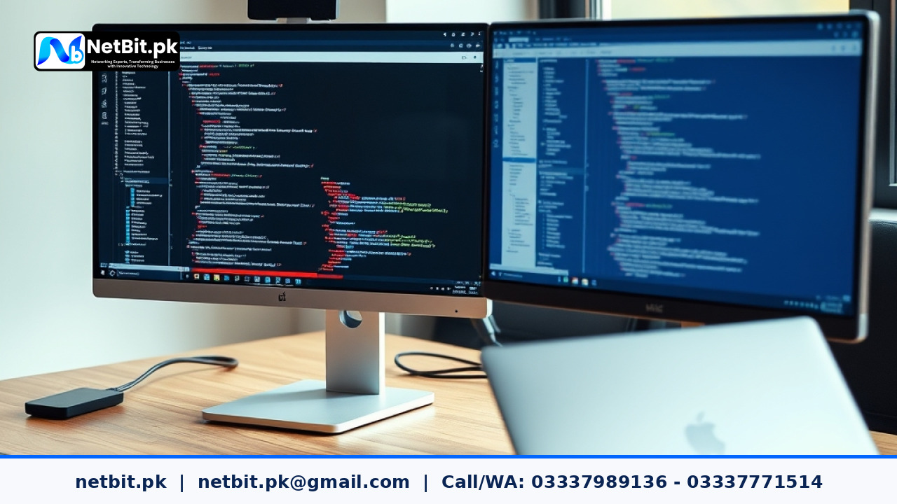 Web designer adjusting responsive typography and CSS layout on a dual monitor workstation