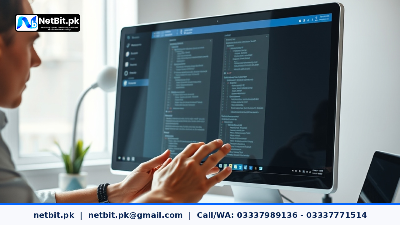 Designer working on vector logo scaling on a dual monitor workstation | NetBit Software House and Technology | netbit.pk