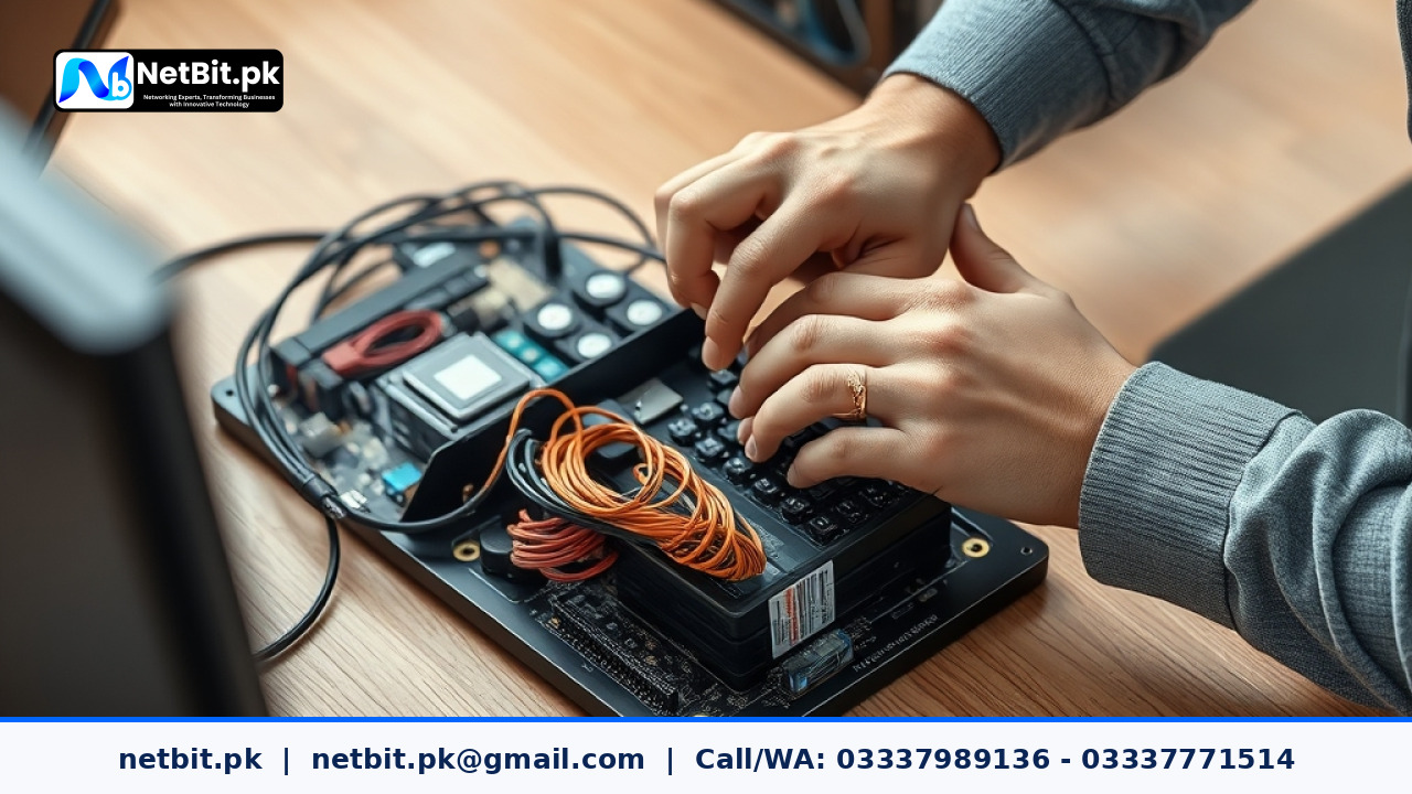 Close-up of a technician maintaining office computer hardware and storage systems | NetBit Software House and Technology | netbit.pk