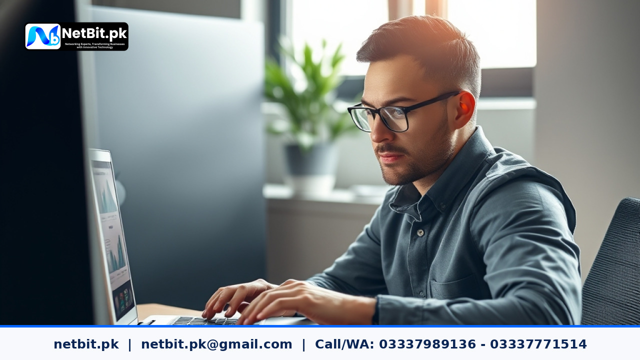 IT technician managing software deployment updates on office workstation | NetBit Software House and Technology | netbit.pk