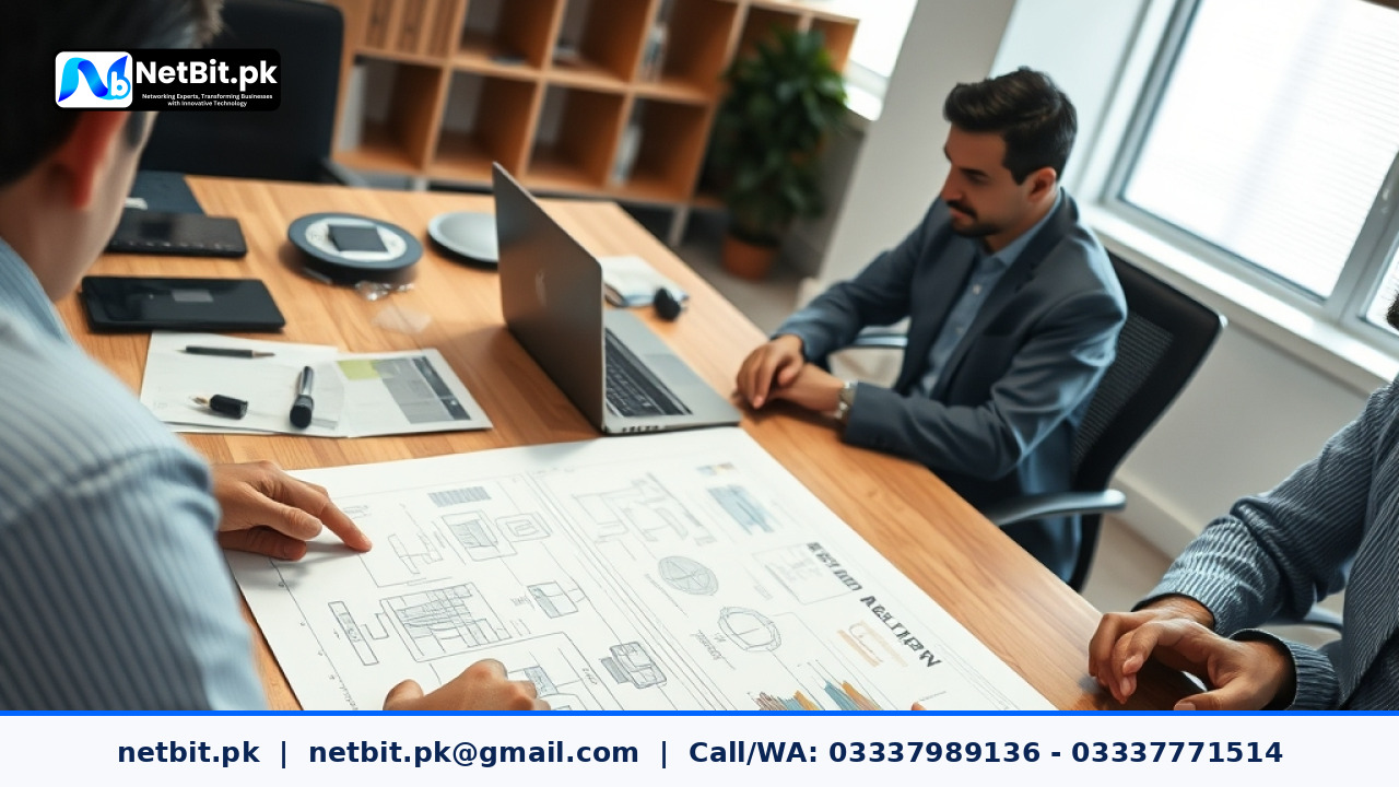 Developers and stakeholders reviewing software scope documents and wireframes in a modern office | NetBit Software House and Technology | netbit.pk
