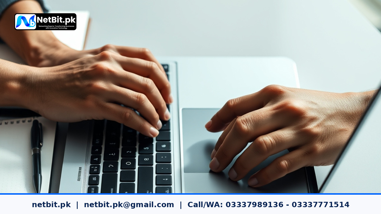 Close up hands of a developer working on web application security configuration on an aluminum laptop at an office desk