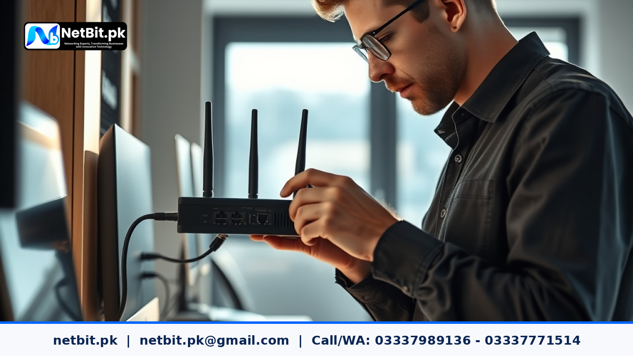 Network technician configuring outdoor wireless bridge equipment for an office network | NetBit Software House and Technology | netbit.pk