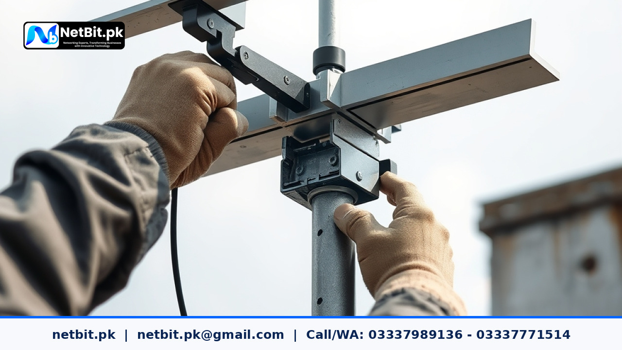 Technician adjusting outdoor wireless networking hardware on a rooftop mast