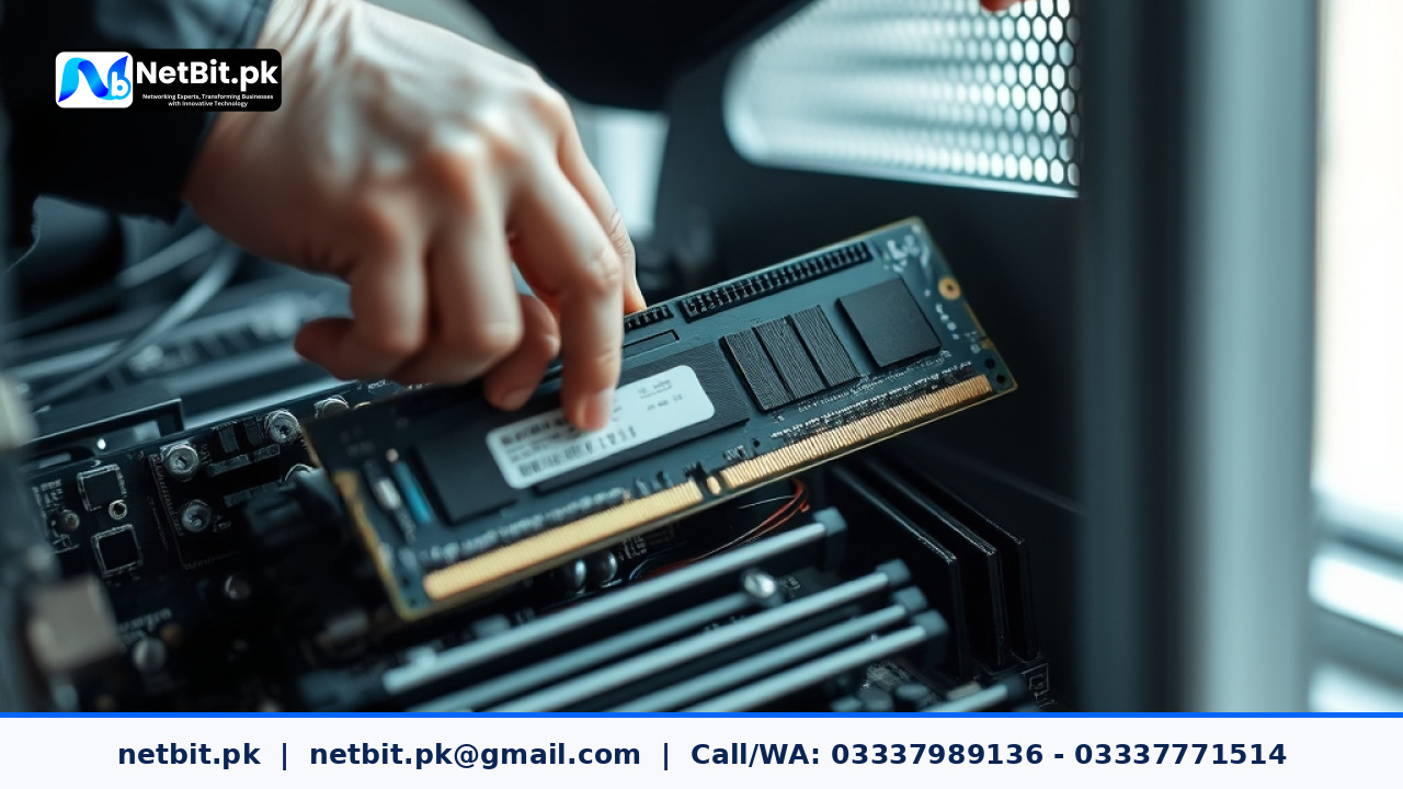 Technician hands installing hardware components into a desktop computer system | NetBit Software House and Technology | netbit.pk