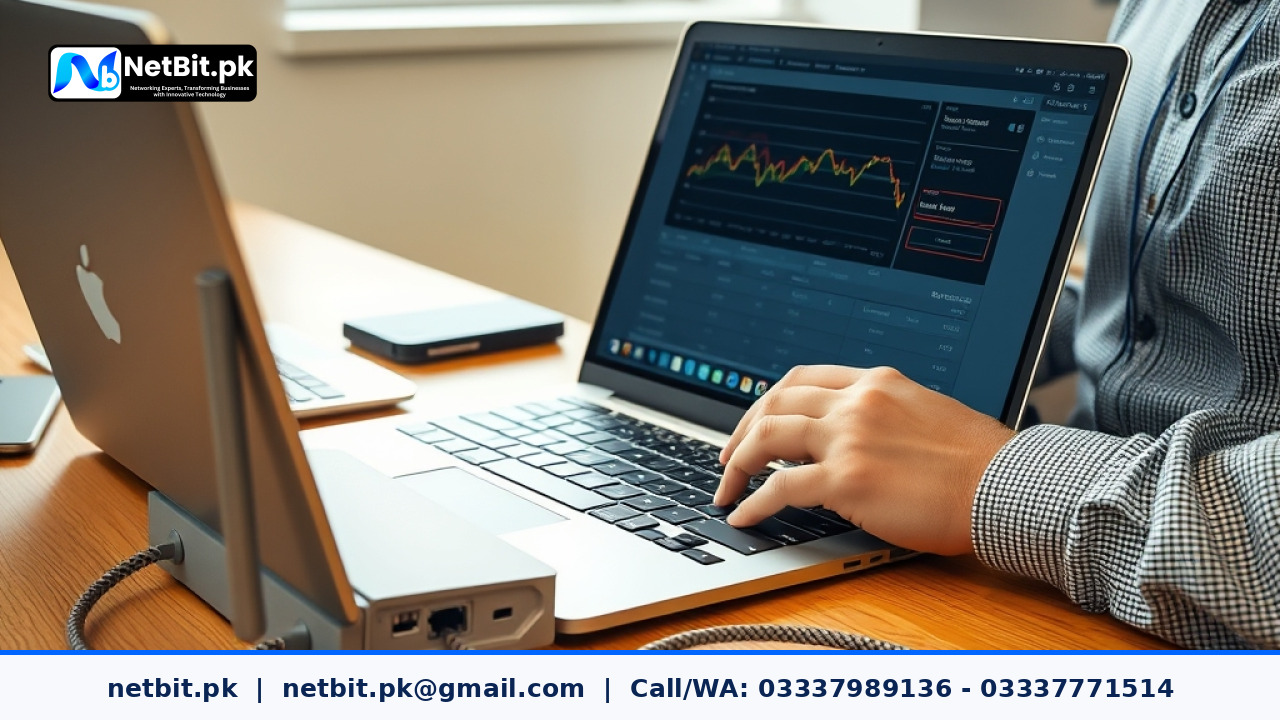 Network technician analyzing speed test metrics on a modern office laptop | NetBit Software House and Technology | netbit.pk