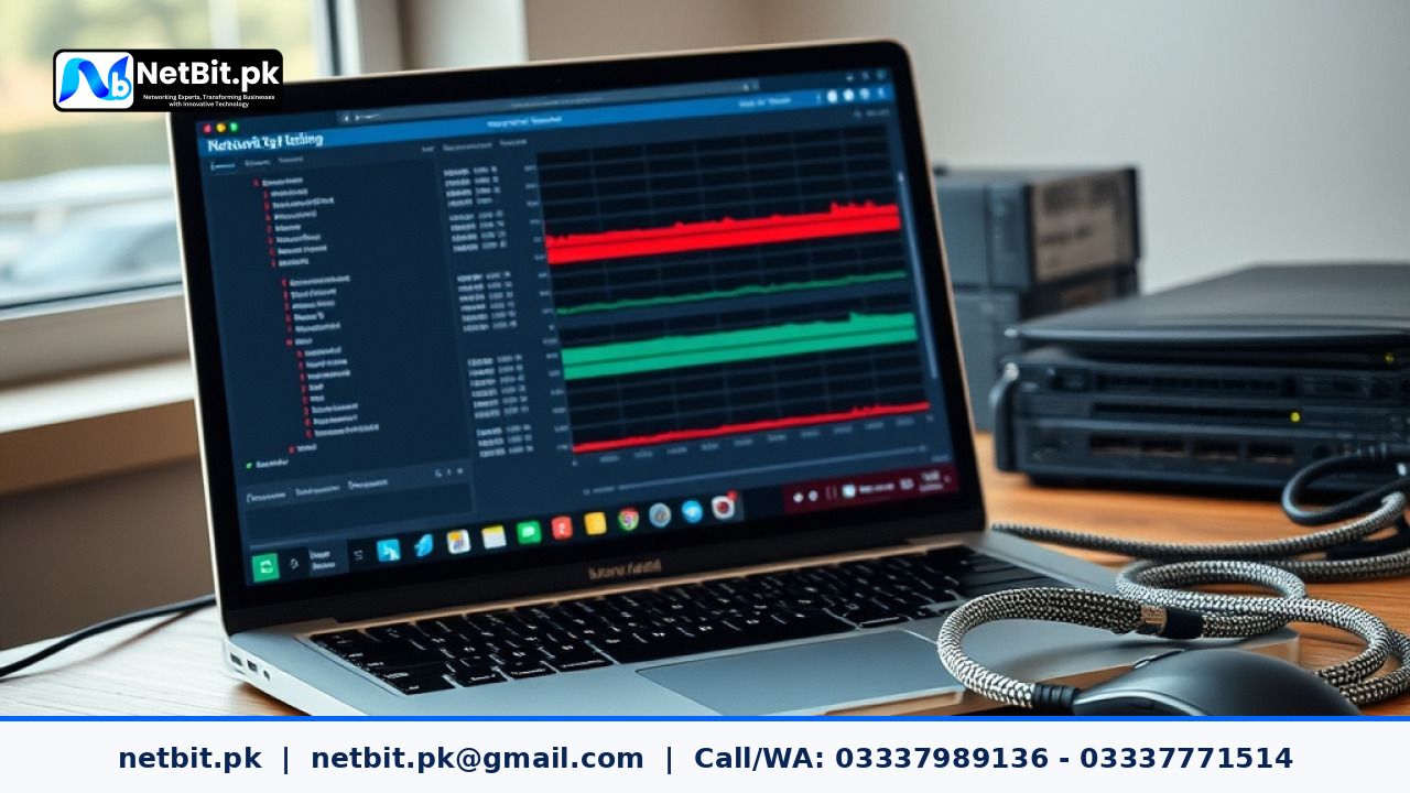 Close-up of network equipment and testing screen on a modern desk | NetBit Software House and Technology | netbit.pk
