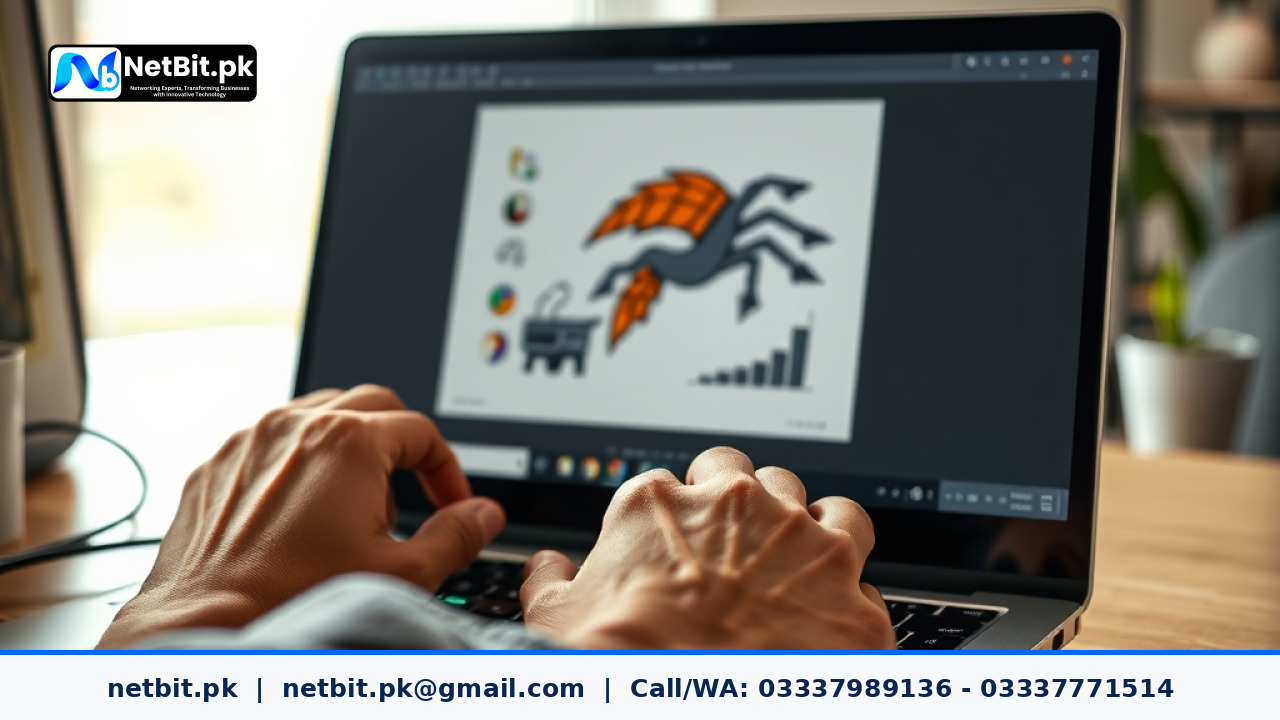 Designer working on vector graphics alignment on a computer screen in an office | NetBit Software House and Technology | netbit.pk