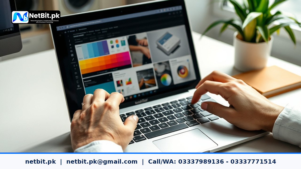 Designer adjusting color contrast and typography on a modern computer workstation | NetBit Software House and Technology | netbit.pk