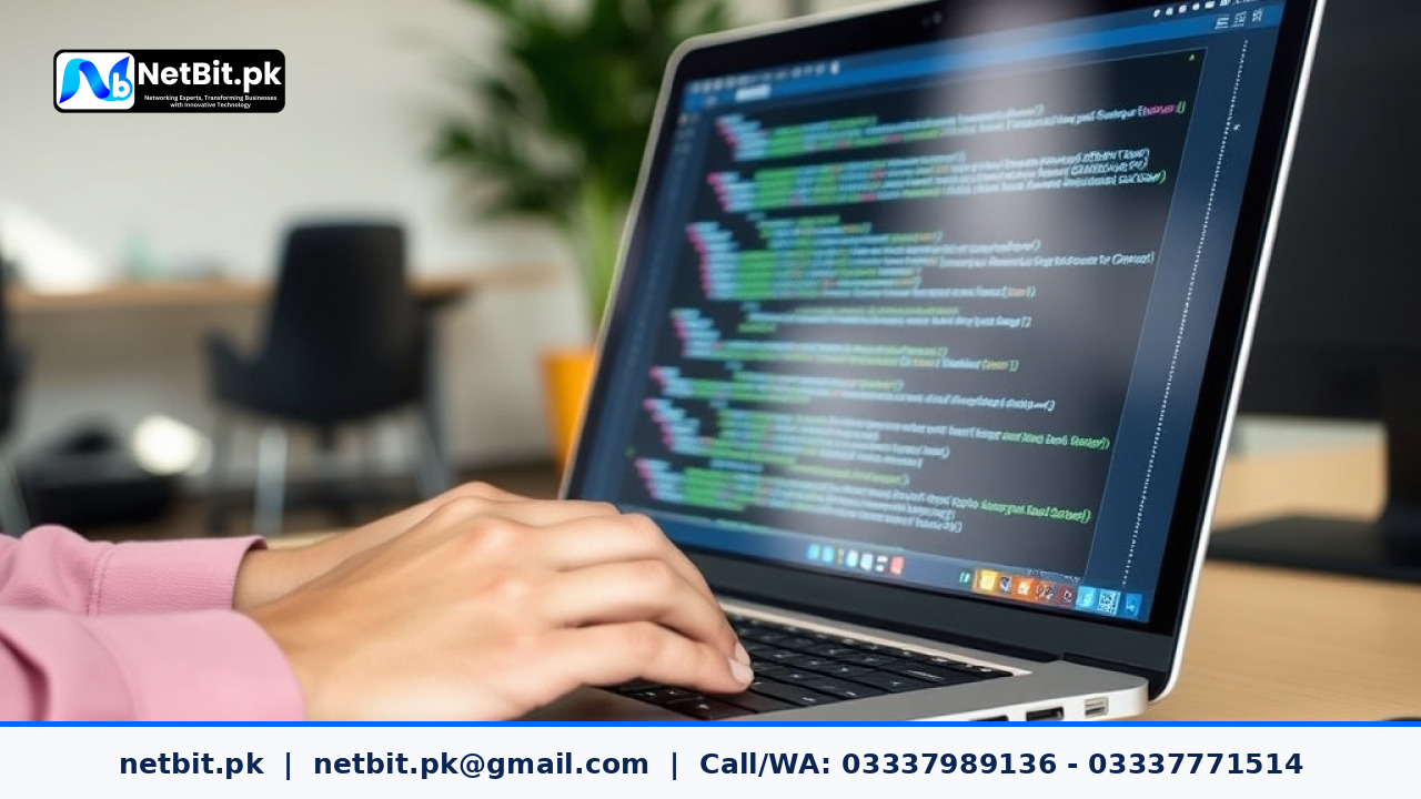 Close-up of developer hands writing clean CSS code for accessible web UI UX focus rings on an aluminum laptop screen | NetBit Software House and Technology | netbit.pk