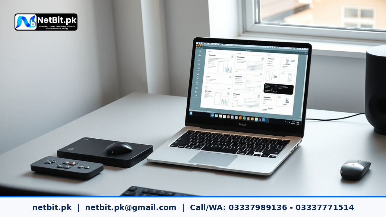 Clean workspace showing graphic design layout grid on computer screen