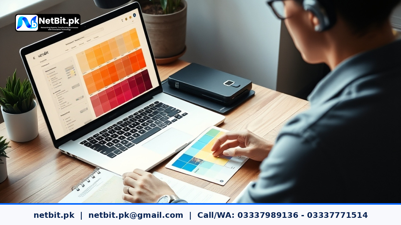 Close-up of a designer adjusting color palettes on a calibrated monitor for business graphics | NetBit Software House and Technology | netbit.pk